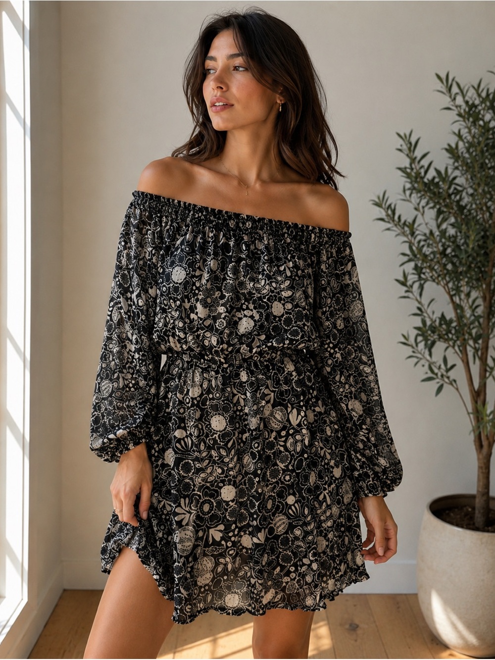 Off-Shoulder Black Floral Mini Dress